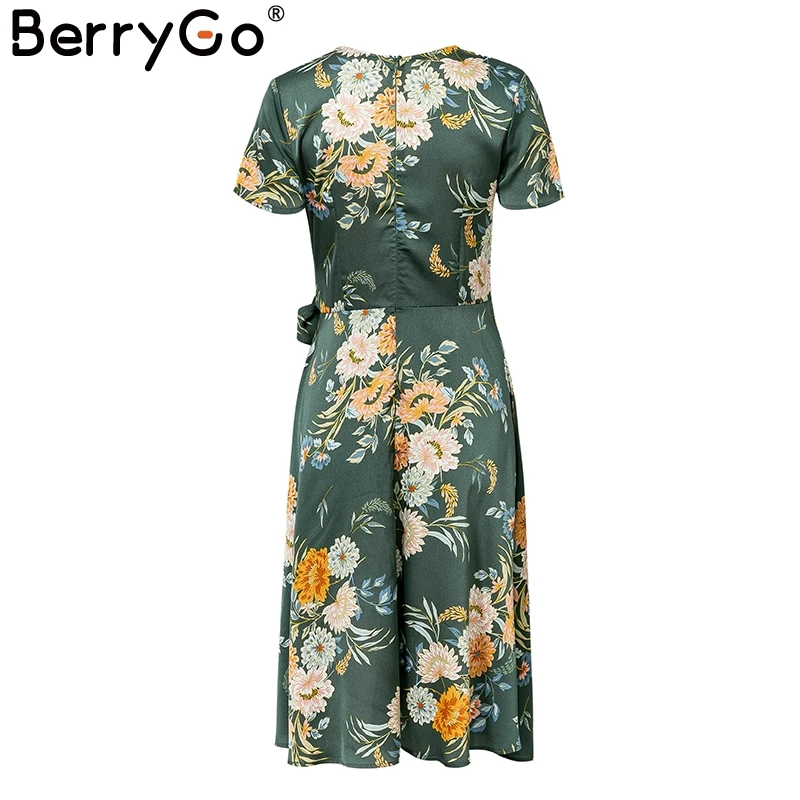 BerryGo, сексуальное женское платье с v-образным вырезом, цветочный принт, высокая талия, летнее платье, элегантное, с бантом, с рюшами, женское платье для вечеринки, vestidos