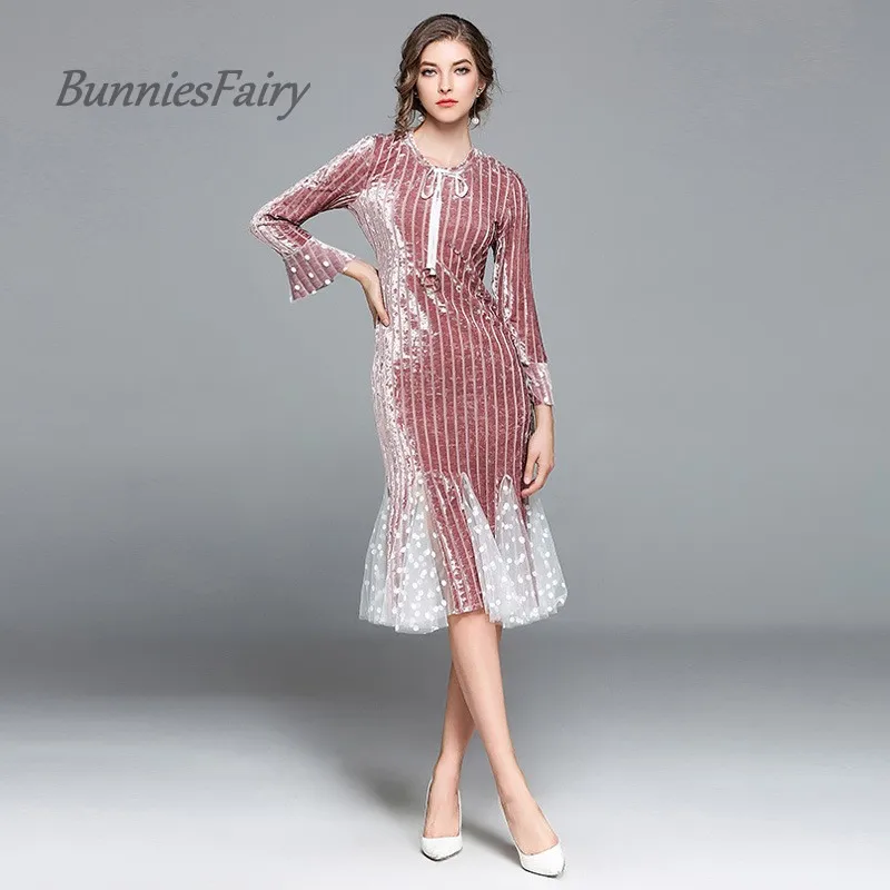 BunniesFairy/Новинка 2017 года сезон осень зима милое Сетчатое бархатное платье с
