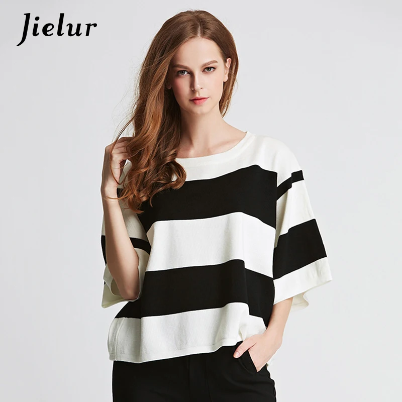 Jielur/Новый Модный Европейский весенний женский свитер в черно-белую полоску, Свободный Топ с короткими рукавами, женские пуловеры