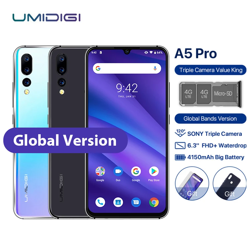 UMIDIGI A5 PRO Mobile Phone Android 9.0 6.3" FHD+ Waterdrop 4GB 32GB Octa Core 16MP 3 Rear Camera 4150mAh Dual 4G Sim Smartphone