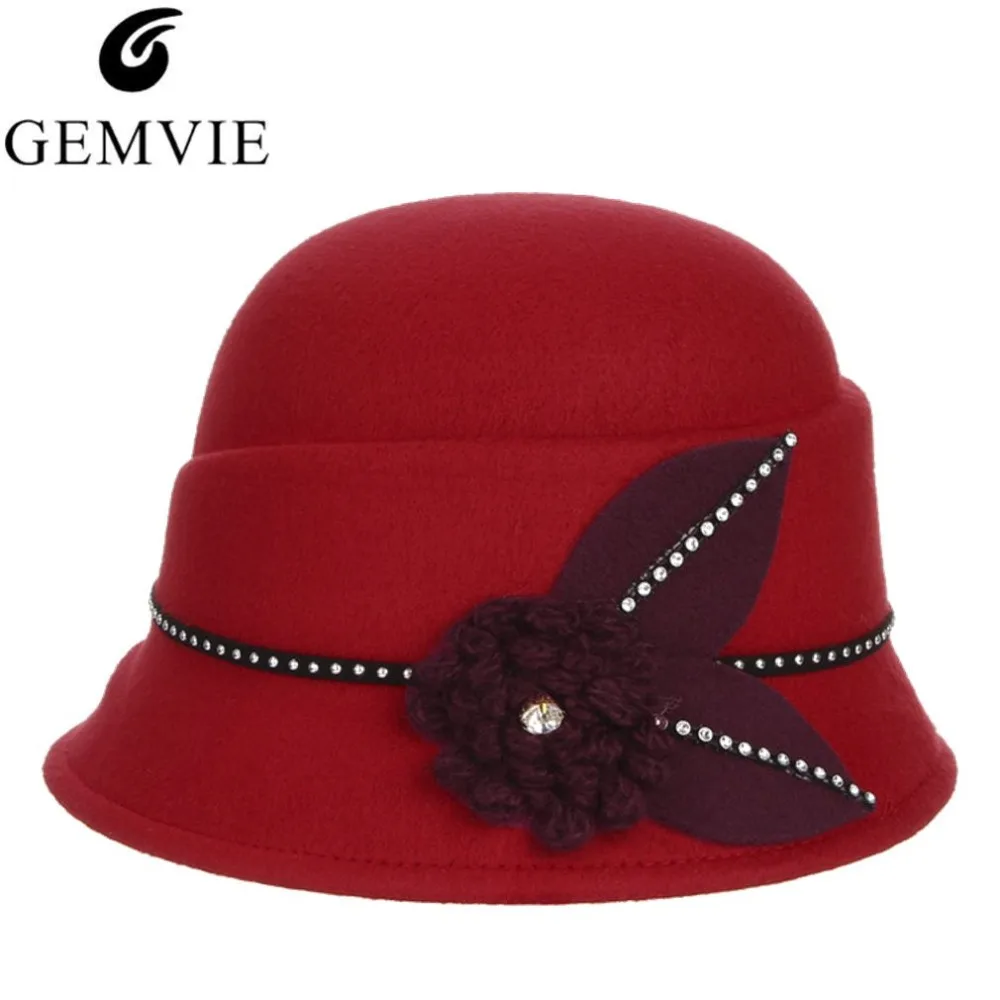 Elegant Lady Autumn Winter Wool Hats For Women Flower Rhinestone Retro