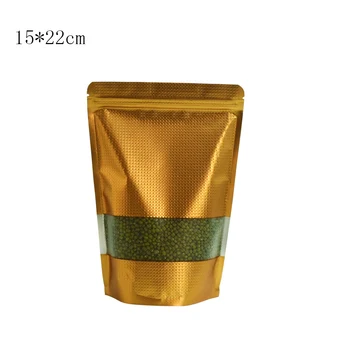 

50pcs/Lot 15*22cm Gold Zip Lock Stand Up Aluminum Foil Packaging Bag Lines Embossed Doypack Food Nuts Candy Storage With Window