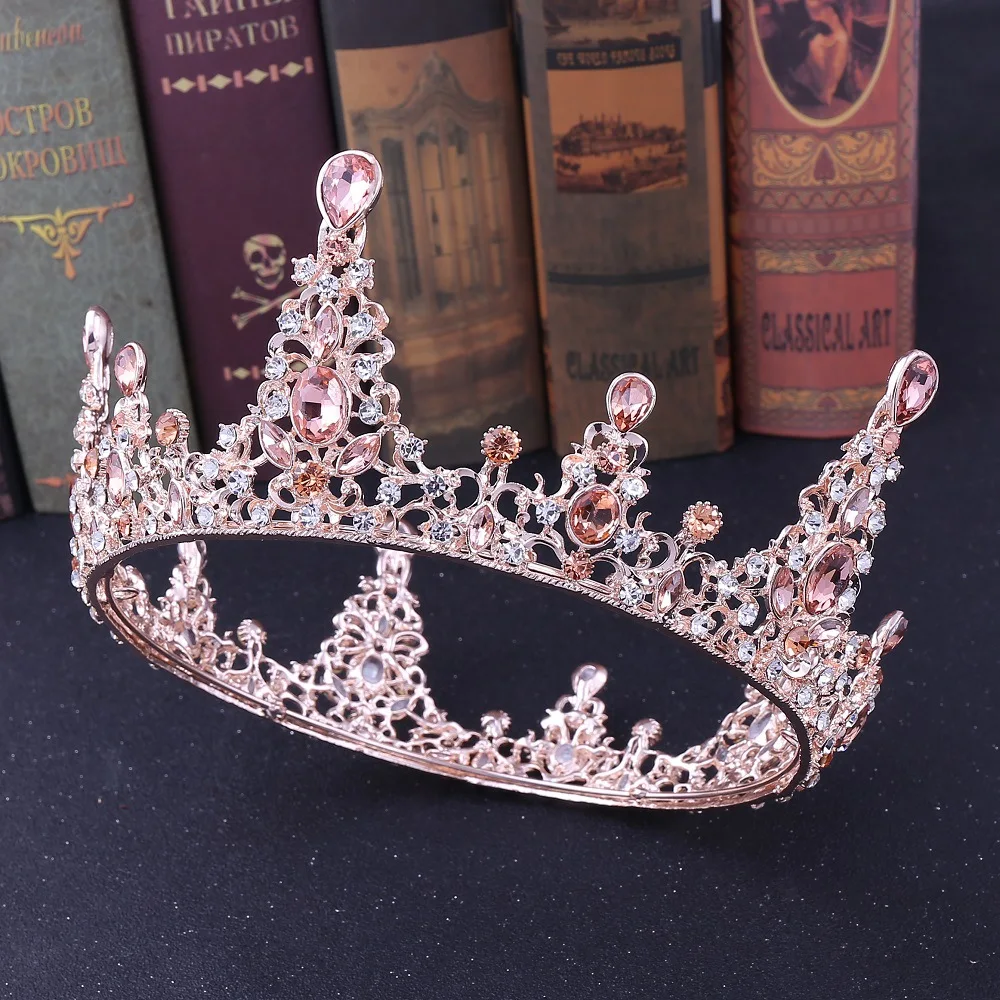 

Baroque Vintage Rose Gold Pink Crystal Tiara Round Crown Alloy Pageant Prom Rhinestone Diadem Veil Tiaras Wedding Hair Accessory