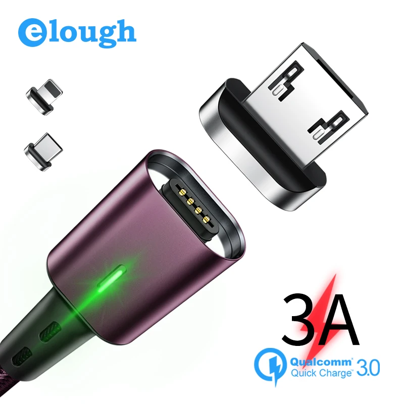 

Elough 3 in 1 magnetic charge for iphone xs max xr x 8 7 plus 6 5 6s cable type c micro usb cable phone led magnet charger wire