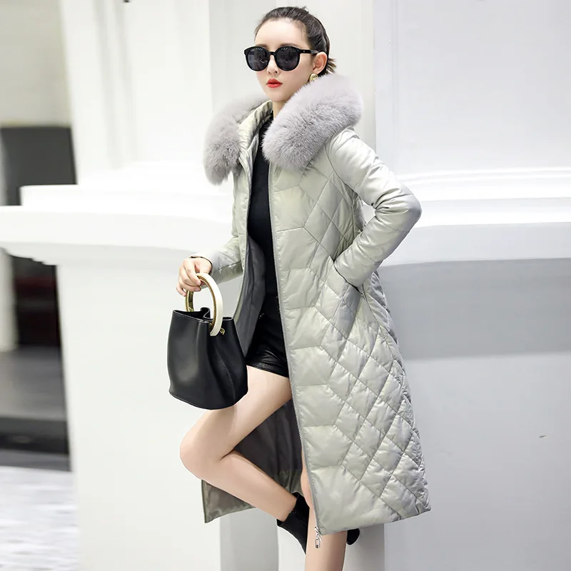 

Leather Jacket Women 2019 Winter Genuine Sheepskin Leather Jacket Fox Fur Collar Hooded Duck Down Coat Chaqueta Mujer M8881YY526