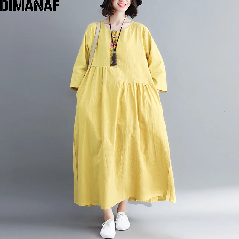 

DIMANAF Women Dress Big Sizes Autumn Linen Spliced Pleated Femme Lady Elegant Vestidos Loose Oversized Long Sleeve Dresses 2019