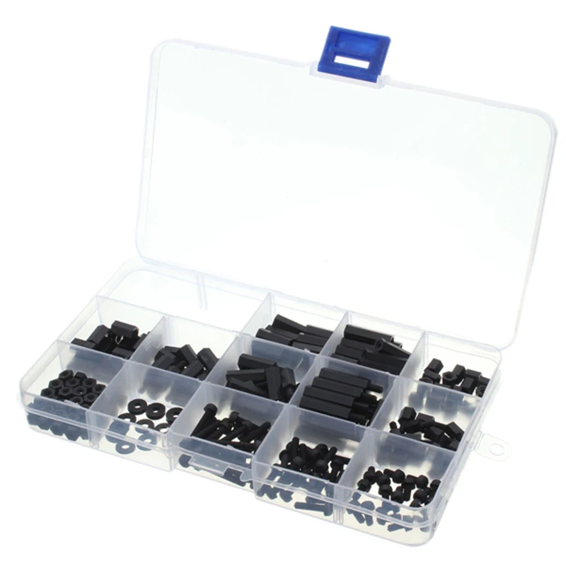 

260pcs M3 Spacer Nylon Black Hex Screw Nut Standoff PCB Assortment Box Kit