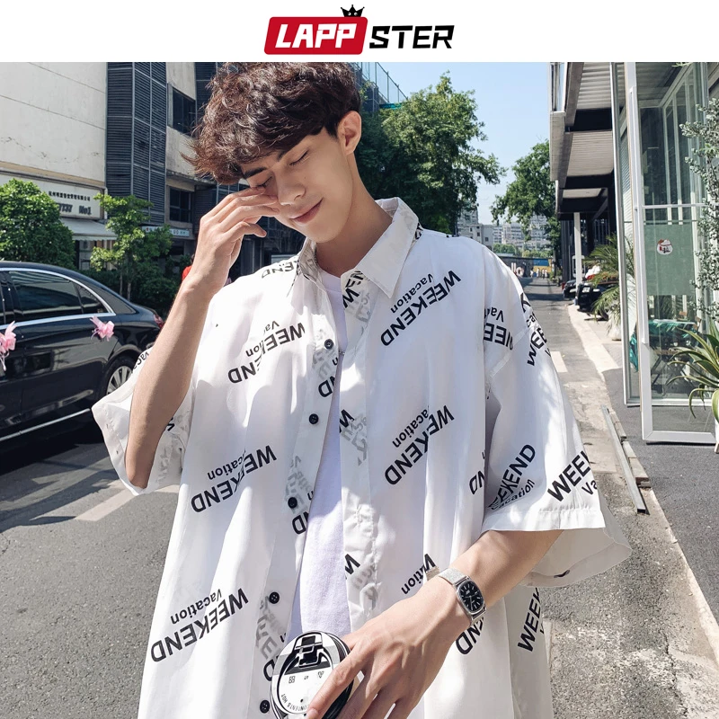 

LAPPSTER Man Korean Fashion White Shirt 2019 Summer Short Sleeve Shirt Regular Fit Vintage Letter Loose Streetwear Shirts 5XL