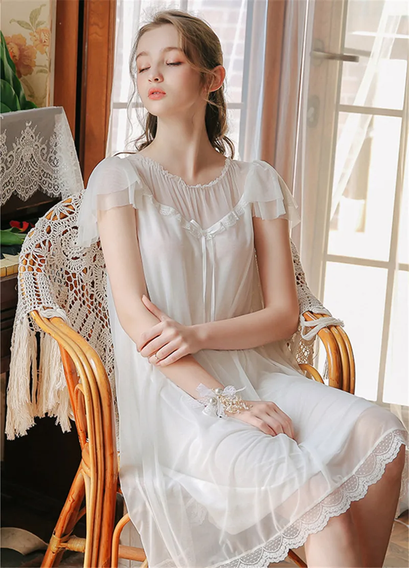 Ночная рубашка в стиле ретро принцессы, элегантная кружевная хлопковая ночная рубашка с оборками, элегантная Летняя женская домашняя одежда, ночная рубашка T504