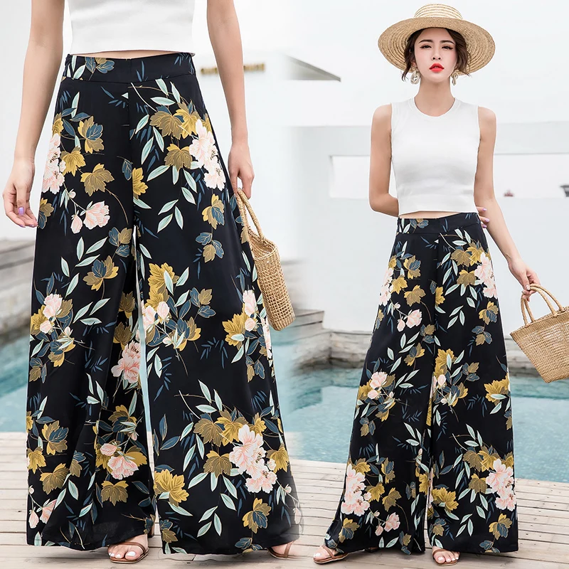 

2018 vintage bohemian wide-leg pants high waist large wide leg trousers seaside holiday trousers mopping