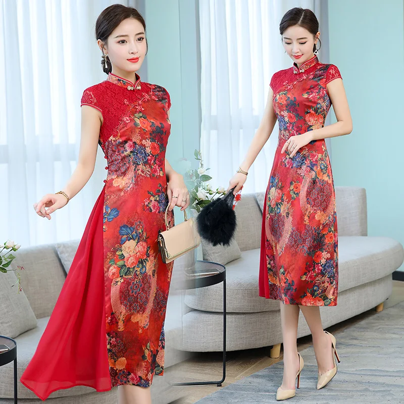 Традиционная Печать cheongsam стиль вьетнамское аозай Платья для вечеринок