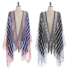 Women Summer Long Sleeves Swimsuit Cover Up Ethnic Geometric Plaid Vertical Stripes Printed Patchwork Kimono Cardigan Semi-Sheer Women Summer Long Sleeves Swimsuit Cover Up Ethnic Geometric Plaid Vertical Stripes Printed Patchwork Kimono Cardigan Semi-Sheer