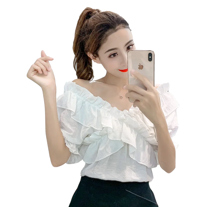 

New Women Shirts Ruffles Slash neck Chiffon V-Neck Dew Inclined Shoulder Blouse Shirt White Pink Green 7264