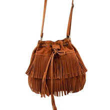 Simple Retro Fringed Drawstring Bucket Shoulder Bag Women Ladies Synthetic Leather Punk Tassel Messenger Bags Bolsa 3 Colors