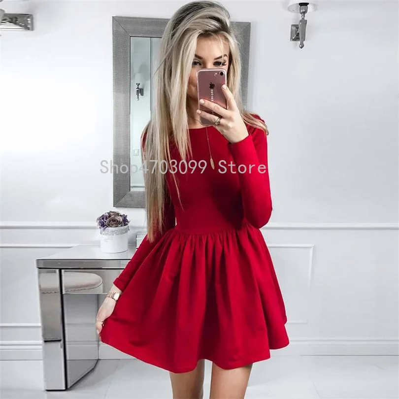 

2019 new models New Arrival Autumn Dress Casual Solid Color Long Sleeve Mini Dress Ladies Vintage Fluffy Party Dresses