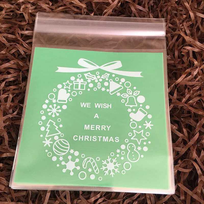 

DONYAMY 100pcs/lot green merry christmas Cookies Bag Wedding Candy Bag Dessert Cake Snack Packing 10*10cm