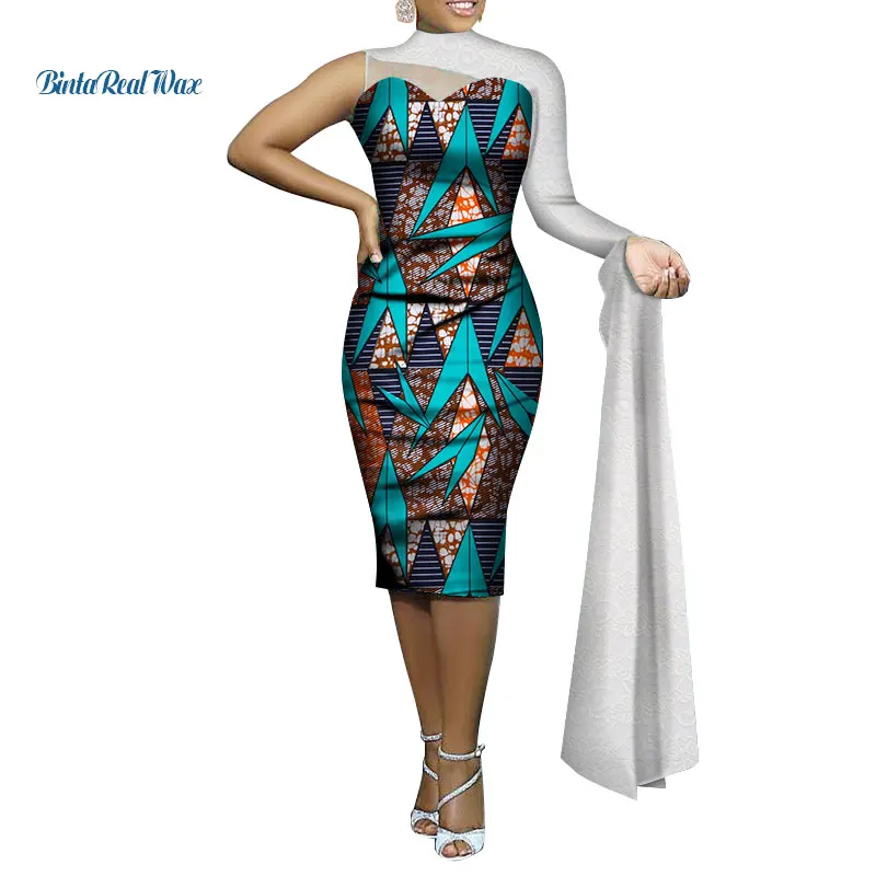 Африканская печать платья для женщин Базен Riche Vestidos одно длинное платье с кружевными рукавами плюс размер африканский дизайн одежда WY353