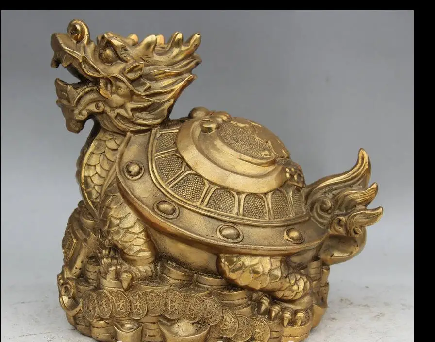 

671115751*++9" China Feng Shui Brass Wealth longevity Dragon tortoise Turtle Money Statue