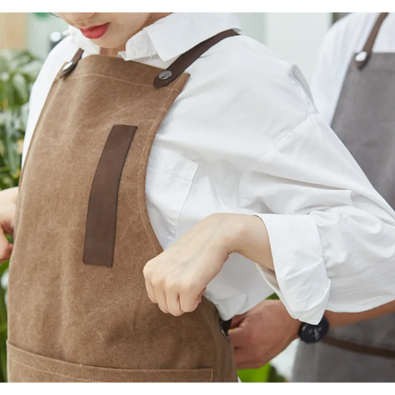 Gray Coffee Washed Canvas Apron Cotton Leather Straps E11-10