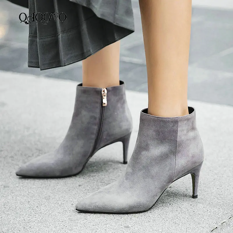 

Women Suede Thin High Hell Ankle Boots Fashion Zipper Boots Comfort Pointed Toe Fall Winter Women Boots Black Gray Apricot