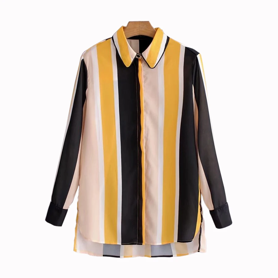 2018 women yellow striped shirt long sleeve shirts ladies office lady ...