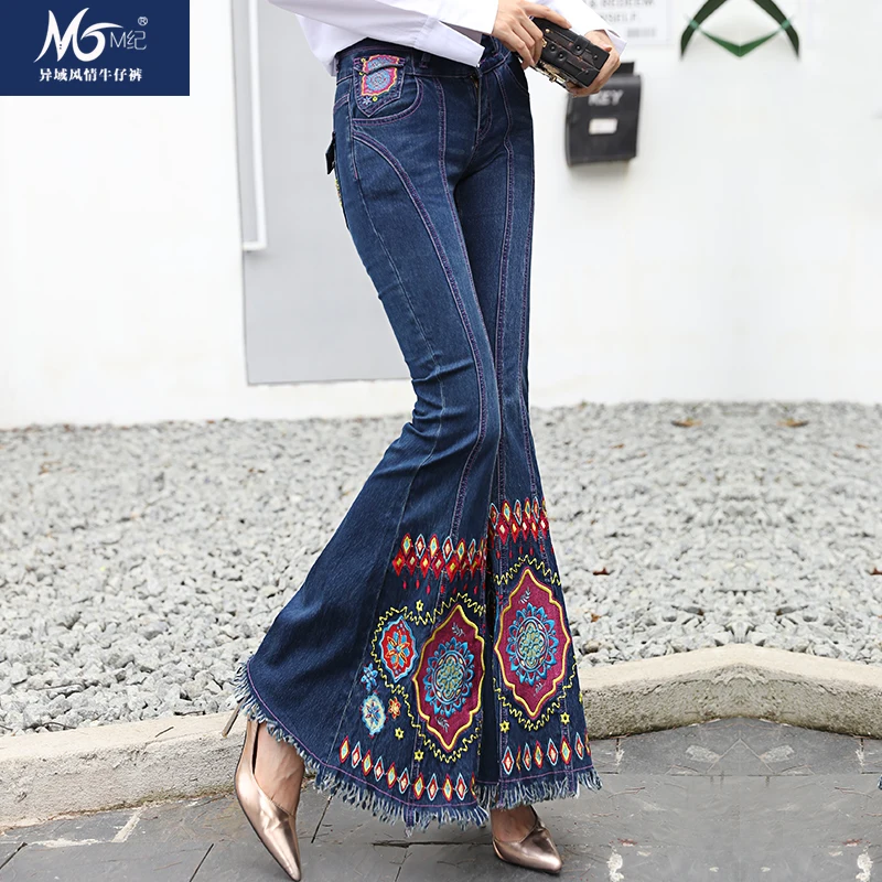 Модные длинные штаны с вышитыми цветами в китайском стиле расклешенные брюки с кисточками джинсы стрейч размера плюс 26-34