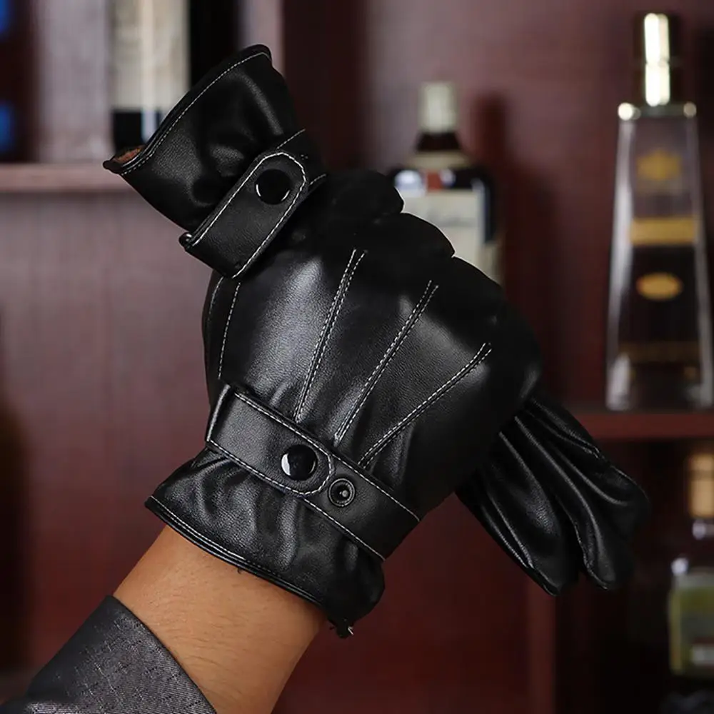 BISON джинсовые водонепроницаемые перчатки с сенсорным экраном, ветрозащитные термоперчатки из искусственной кожи для мужчин, зимние теплые черные перчатки с полным пальцем S008