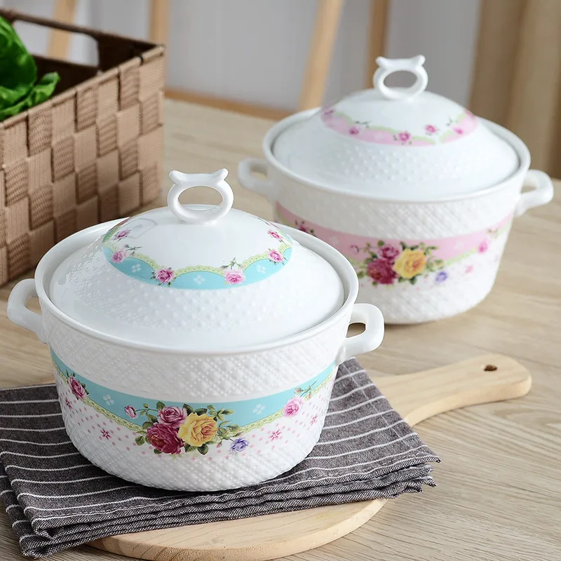 

21*17.5*16cm 1500ml Korean Style Bone China Tableware Household Porcelain Soup Tureen Bowl Suit for Steam Stew Microwave Heating