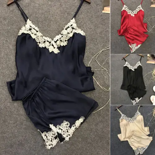 

New Women's Satin Silk Sleepwear Pajamas Sets Ladies Summer Lace Floral Nightdress Lingerie Baby Doll Night Underwear Sets