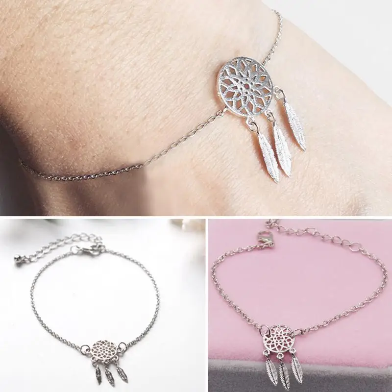 

2018 Fashion Women Silver Plated Dream Catcher Anklet Bracelet Silver Feather Tassel Pendant Chain Bracelet Female Gift Jewelry