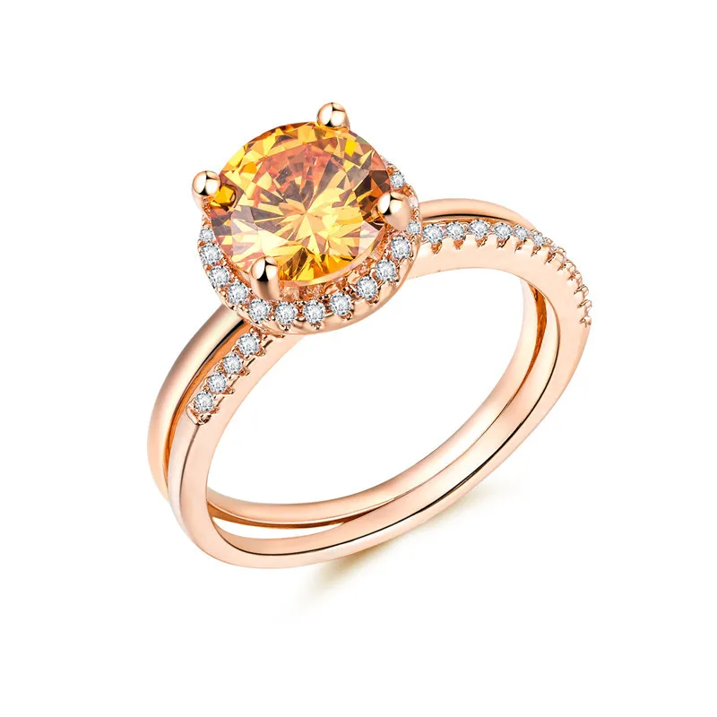 

Huitan Popular Solitare Wedding Ring Clear Champagne CZ Stone Double Band Elegant Women Ring Adorable Jewelry Hot Selling