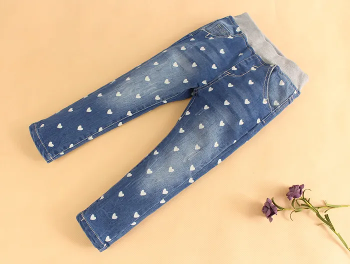  Baby Girls Heart-print Denim Jeans Girls Spring Autumn Cotton Jeans Kids Casual Long Pants Child El