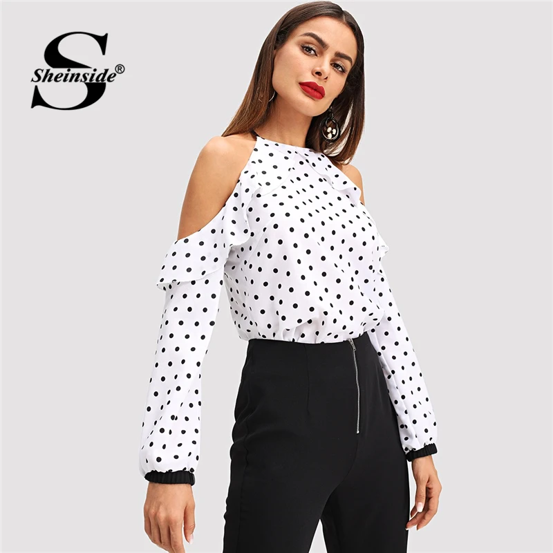 

Sheinside Autumn Women Blouse Open Shoulder Ruffle Trim Dot Top Ladies Tops And Blouses 2018 Womens Clothing Long Sleeve Blouses