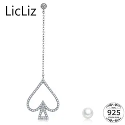 LicLiz 925 пробы Silver Pearl покер сердце Длинные Висячие серьги для Длинная цепочка для женщин асимметричные серьги проложили CZ серьги капельки LE0296