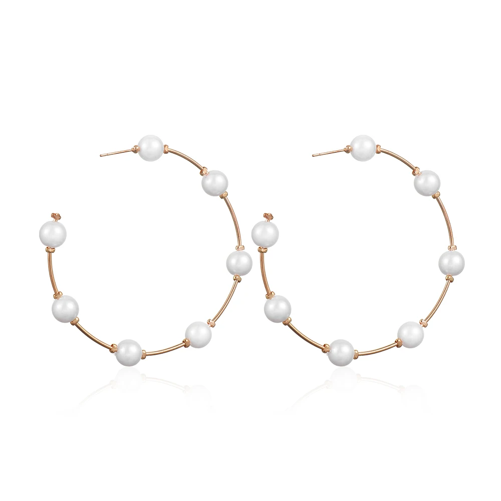 Boho White Imitation Pearl Round Circle Hoop Earrings Women Gold Color Big Earings Korean Jewelry Brincos Statement Earrings - Окраска металла: B4