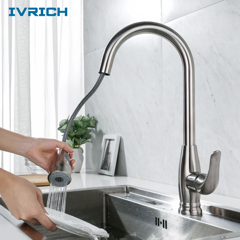 

IVRICH Two-Mode Function Pull Down Kitchen Faucet SUS304 Stainless Steel Ceramic Valve Autom Resillience Sink Faucet VR1813