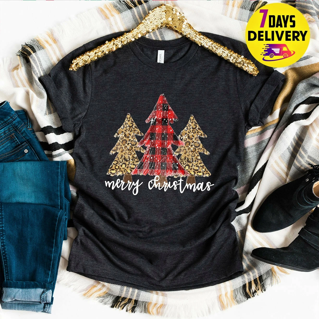 

Merry Christmas Shirt Trees Cheetah Print Buffalo Check Plaid T Shirt Size S 3Xl