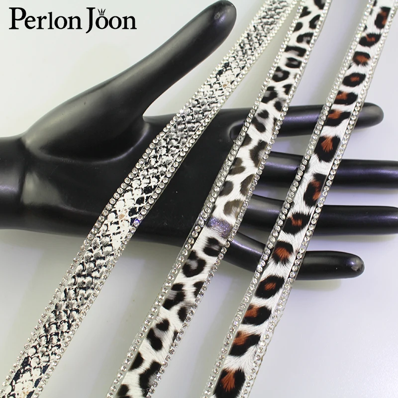 1 yard Leopard Python printing Leather hot fix tape ribbon crystal rhinestone decoration iron on shoes clothing accessories