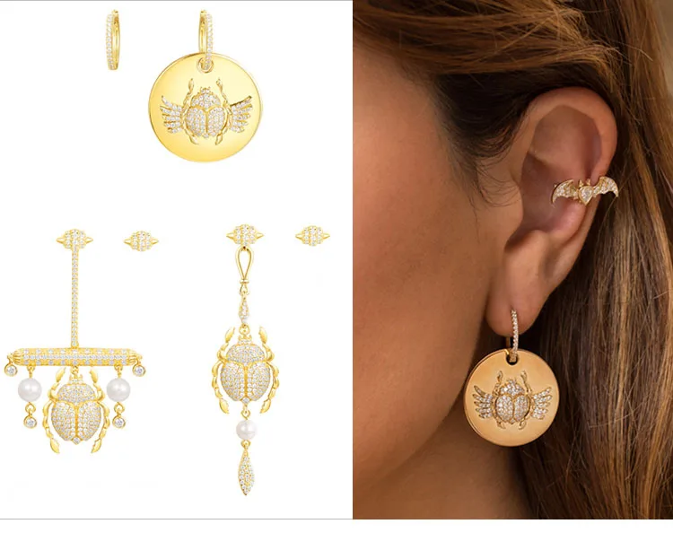 

2018 Egyptian style 925 sterling silver pearl scarab asymmetric earrings female earrings