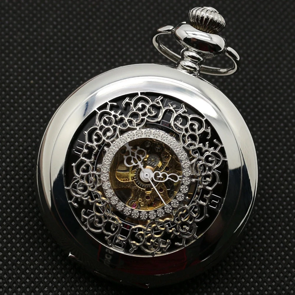 Luxury Sliver Necklace Pocket Watch Unisex Vintage Valentine`s Gift Mechanical Clock Carving Clock Gift Set for Girl Boy Friend (3)