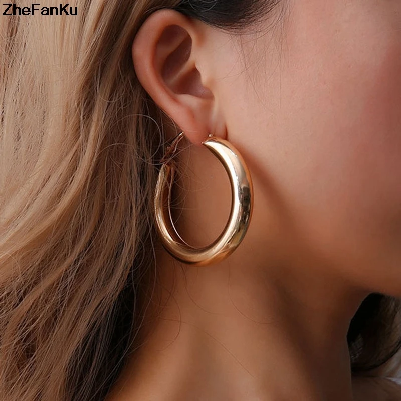 

50 MM Big Gold Hoops Earrings Minimalist Thick Tube Round Circle Rings Earrings For Women Zinc Alloy Trendy Hiphop Rock