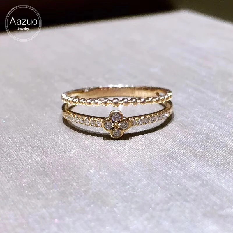 

Aazuo 100% 18K Rose Gold Real Diamond IJ Si Mirco Paved Hemp Flower Ring for Woman Charm Jewelry Fashion Love Gift tiny thin