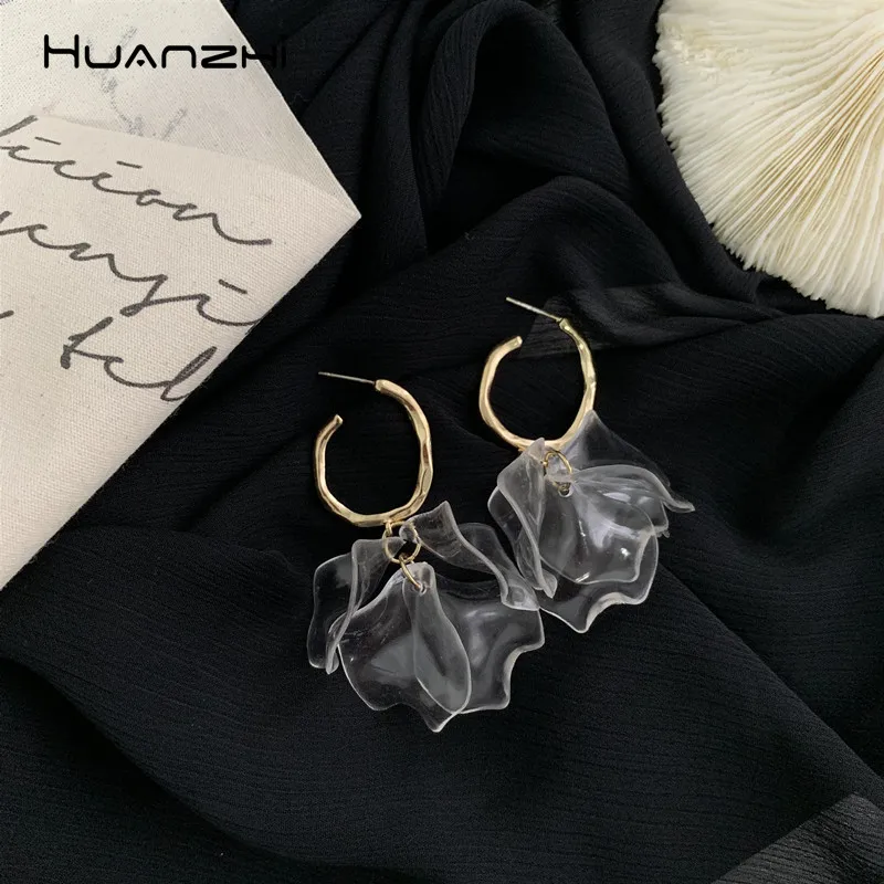 

HUANZHI 2019 New Transparent Acrylic Flower Alloy Chic Design Trendy Long Drop Earrings For Women Wedding Travel Jewelry Gifts