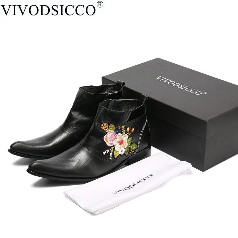 

VIVODSICCO New Fashion Genuine Leather Men Dress Boots flowers embroider Pointed Toe Ankle Boots British Style Motorcycle Boots