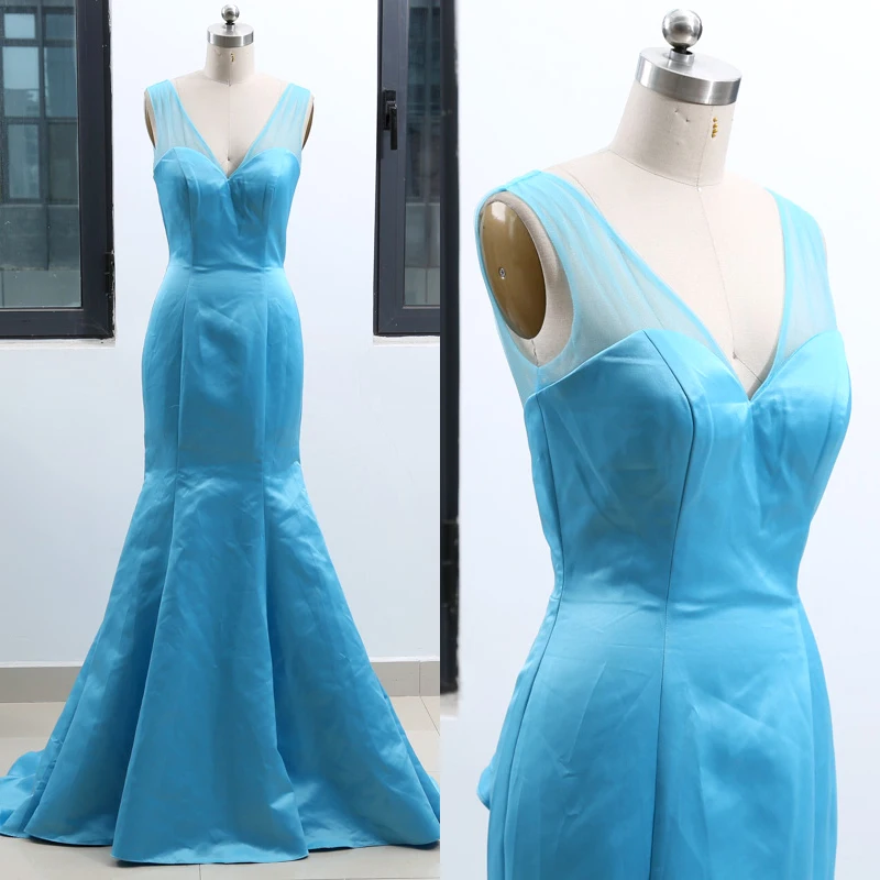 Голубой Русалка с v-образным вырезом длиной до пола Длина атласная Пром Вечерние Формальное вечернее платье S 262523