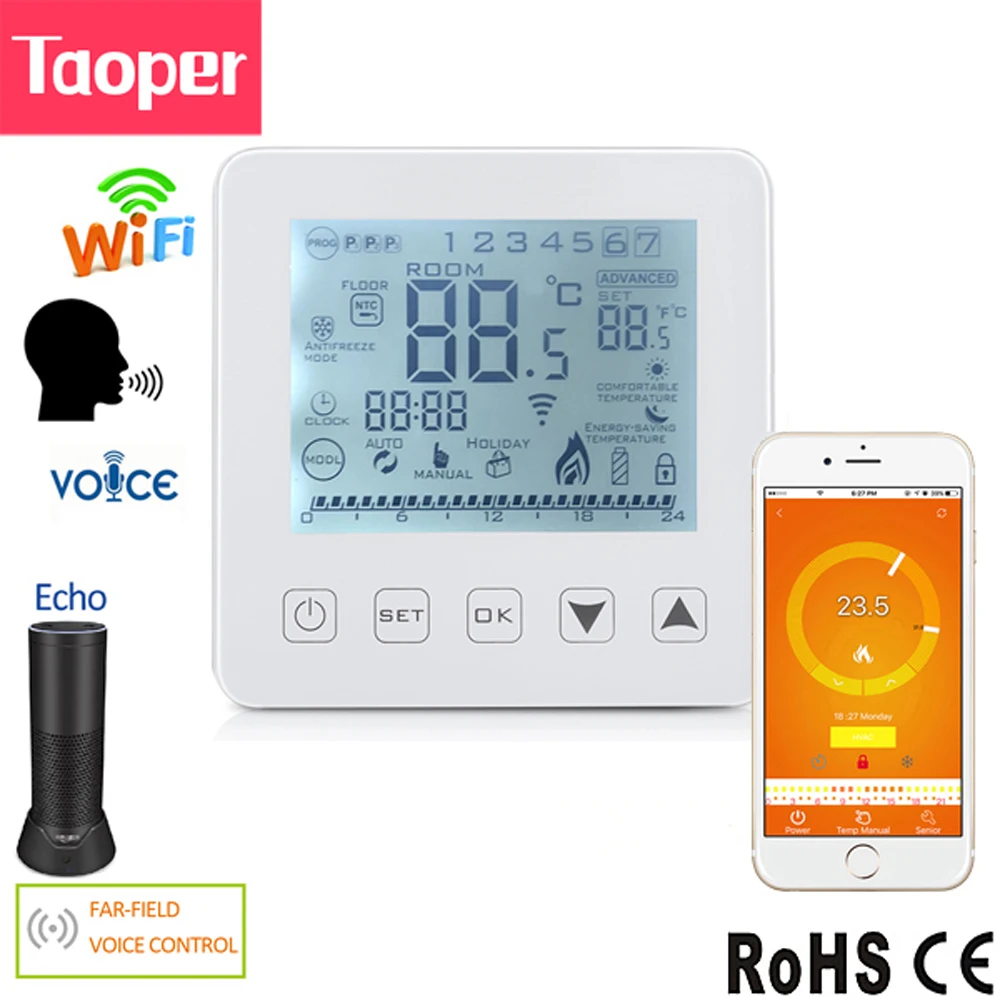 

WiFi Smart Thermostat Gas Boiler Water Heating Actuator Temperature Controller 0.5 Accuracy 100-240VAC Echo Alexa Voice Control