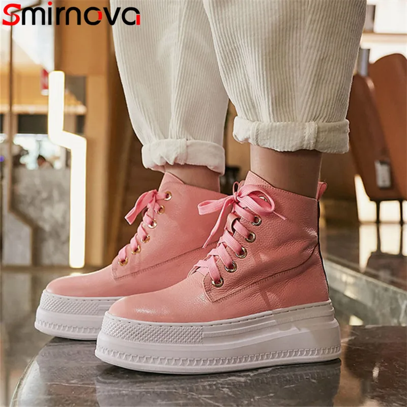 

Smirnova 2020 new ankle boots women round toe genuine leather boots flat platform shoes Thick sole inner stiffener women boots