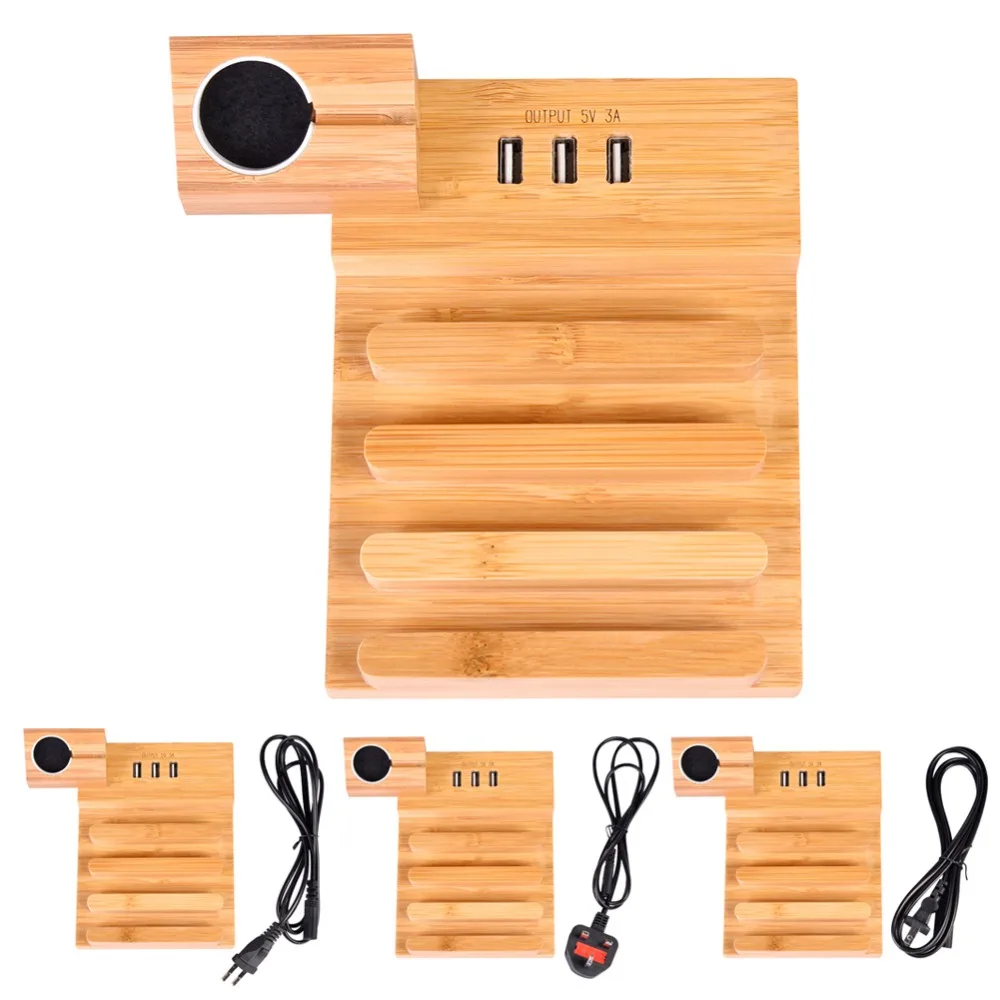 

5V 3.0A 3 USB Ports Bamboo Wood Charger Base Stand Phone Tablet Multiple Holes Charging Holder for iphone 6s 7 plus ipad J25