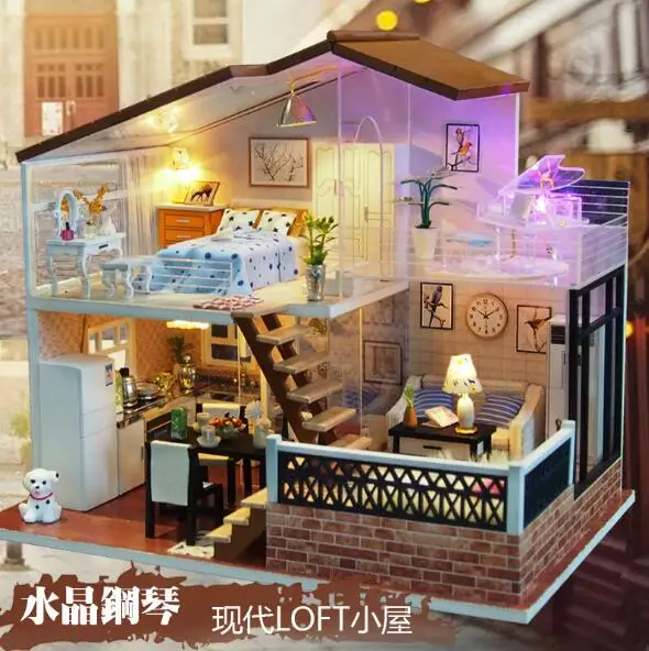 DIY Doll House Wooden 3D Doll Houses Miniature villa dollhouse Furniture Kit Toys for children--One meter sunshine