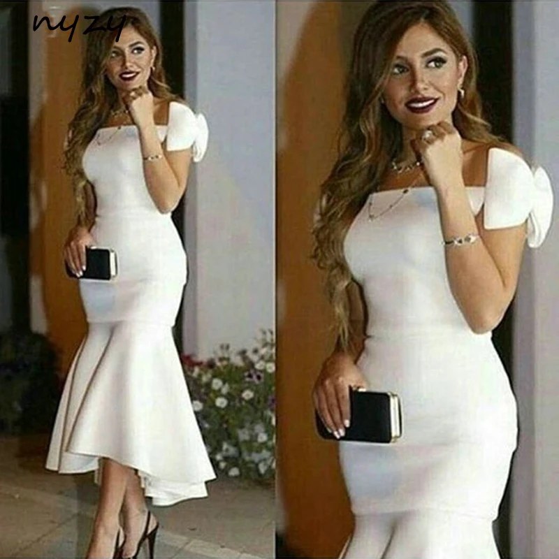 NYZY C22 Satin High Low Cocktail Dresses Off Shoulder Big Bow White Wedding Party Gowns Guest Wear vestidos de festa curto